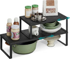 SONGMICS Spice Racks, Set of 2 Expandable Kitchen Countertop Shelves, Small Cupboard Organizers, Metal, Space-Saving Tabletop Shelves, Matte Black UKCS402B01
