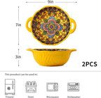 2 Pack Boho Ceramic Serving Bowls with Handles, 40 Oz Porcelain Salad Bowls, Large Serving Dishes for Entertaining, Mixing Bowls for Soup, Stew, Pasta, Cereal, Colorful Embossed Cute Bowls Set HH