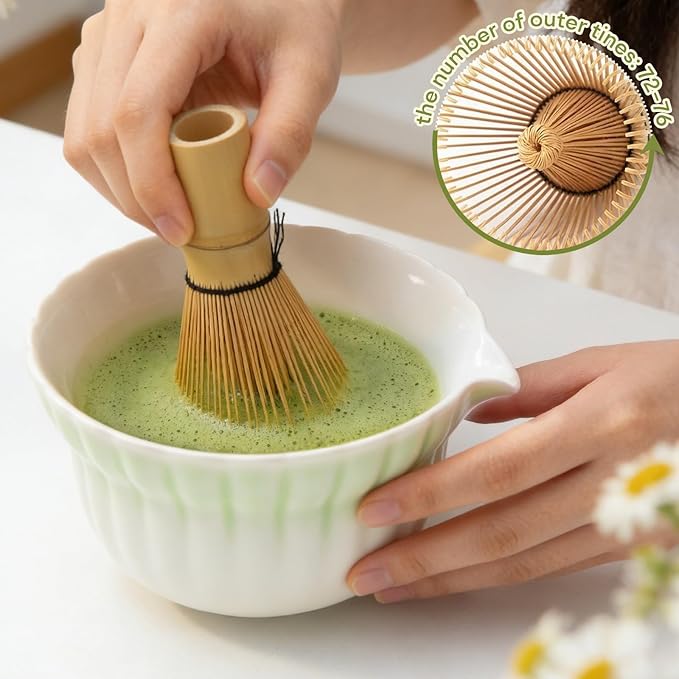 Matcha Whisk Set | Japanese Matcha Kit with Daisy Ceramic Bowl, Mushroom Whisk Holder, Sifter, Bamboo Chasen Whisk & Scoop | Mothers Day, Fathers Day, Housewarming Gift, Green
