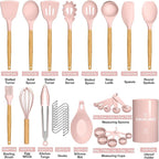 Umite Chef Silicone Kitchen Utensils Set, 33 Piece Non-Stick Kitchen Utensils with Stand, Wooden Handle, Pink