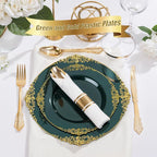 Nervure 175PCS Green Plastic Plates - Disposable Green Gold Party Plates & Pre Rolled Napkins with Cutlery for 25 Guests, 50Plates, 75Silverware, 25Cups, 25Napkin for Wedding & Party & St Patricks Day