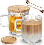 Mfacoy 2 PACK Glass Coffee Mugs with Handle & Spoon, 12 OZ Glass Coffee Cups with Bamboo Lid, Ribbed Glass Cups, Clear Tea Cup for Hot/Cold Beverages, Glassware Set for Americano, Latte, Cappuccino