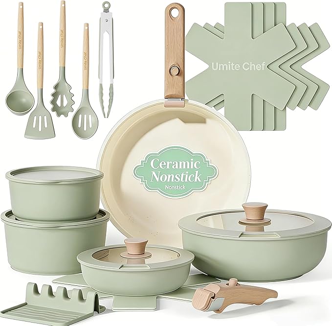 Umite Chef Non Stick Pots and Pans Set, 21 Pcs Ceramic Kitchen Cookware Set with Detachable Handle, Nonstick Healthy Induction Cookware, Dishwasher RV Cookware Set, Oven Safe, Stackable, Sage Green