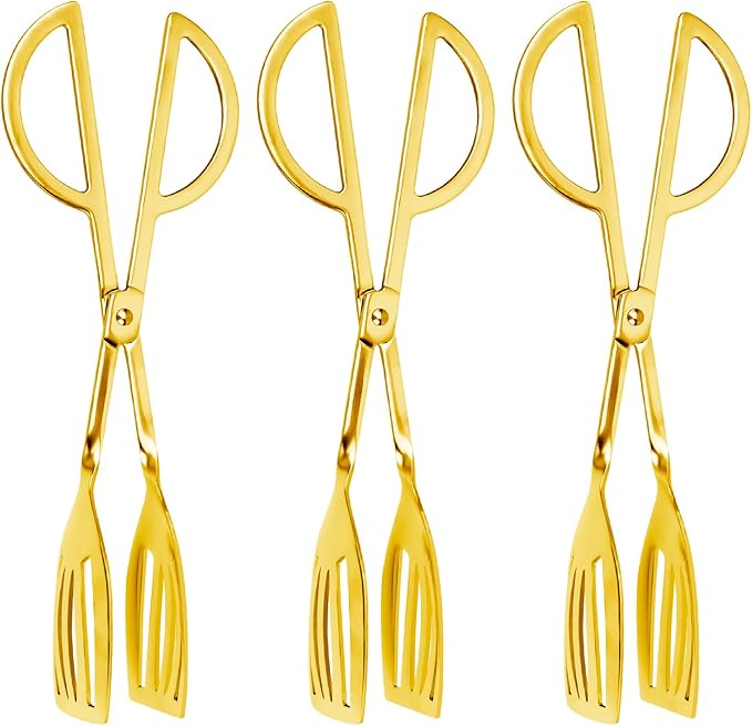 3PCS 9.8-Inch Stainless Steel Salad Tongs for Serving Heavy Duty Serving Tongs for Home Parties, Weddings, Buffets, Barbecues, Kitchen Utensils for Cake, Steak, Salad and More (3, Gold)