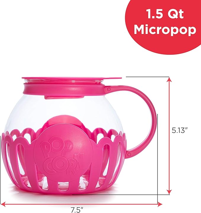 Ecolution Patented Micro-Pop Microwave Popcorn Popper with Temperature Safe Glass, 3-in-1 Lid Measures Kernels and Melts Butter, Made Without BPA, Dishwasher Safe, 1.5-Quart, Pink (Pack of 4)