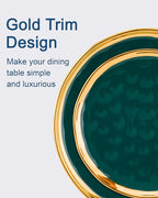 LOVECASA 12 Pieces Plates and Bowls Sets, Porcelain Green and Gold Dinnerware Sets, Round Dinner Plates Dishes Set Service for 4, Dishwasher Safe and Scratch Resistant, Green