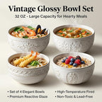 Artena Soup Bowls 32 OZ, Cereal Bowls Set of 4, White Embossment Ceramic Ramen Bowl for Salad, Dinner, Pho, Noodle, Pasta, Snacks, Dishwasher Microwave Safe, 6.3 Inch, Pinwheel Flower