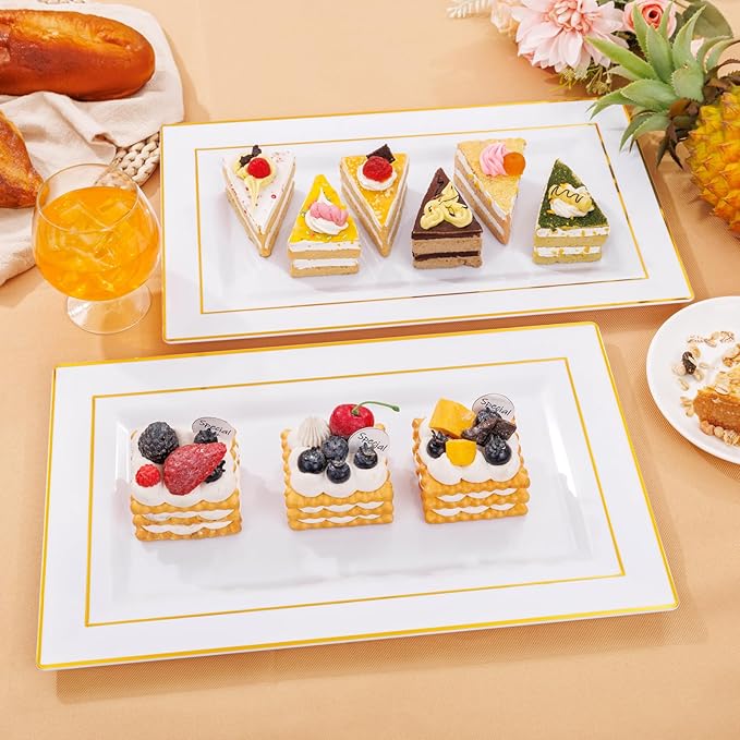 I00000 6 Pack Plastic Serving Trays, Gold Rim Disposable Serving Trays, Gold Disposable Serving Platter for Food Party Serving Platters and Plastic Trays 13.97x8.46 inches