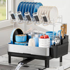 Ewaiira Dish Drying Rack, 2 Tier Large Dish Rack, Stainless Steel Dish Drainer for Kitchen Counter, Dishes Rack with Automatic Drainage, Utensil Holder,Cups Holder,Space Saving Kitchen Organizer,Black