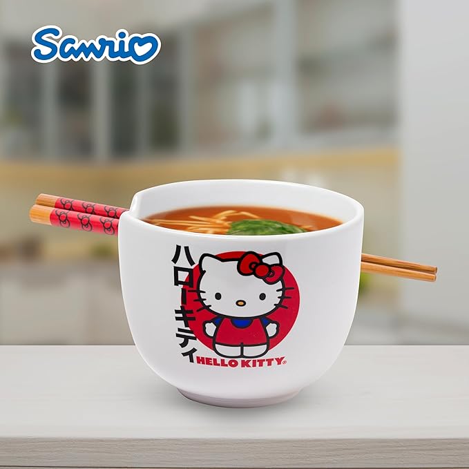 Silver Buffalo Sanrio Hello Kitty Japanese Ceramic Ramen Noodle Rice Bowl with Chopsticks, Microwave Safe, 20 Ounces