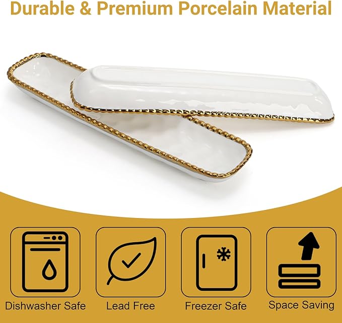 SOUJOY 2 Pack Porcelain Cracker Tray with Gold Pearl Edge, 14 Inch Rectangular Charcuterie Serving Platters, Dishwasher Safe Ceramic Cookie Plates for Cheese Ham Fruit, Perfect for Display Foods