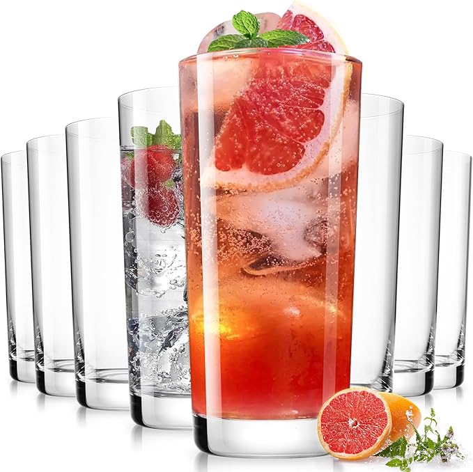 Drinking Glasses Set of 8, 16 oz Water Glasses, Wide Mouth Design Lead-Free Crystal Highball Glassware, Tall Glass Cups for Cocktail Parties, Family Dinners, and Tom Collins Bar Glassware