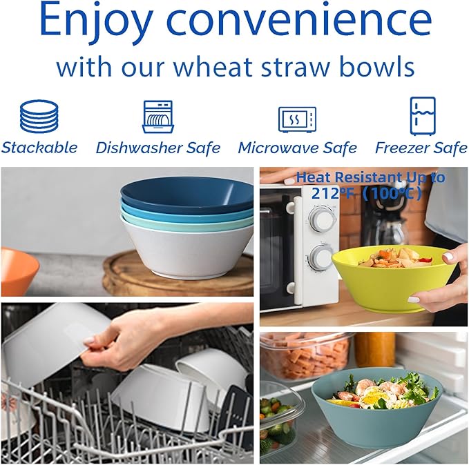 Homestockplus 50 Oz Wheat Straw Bowls Set of 6 - Unbreakable, Stackable & Microwave Safe, Multicolor Large Cereal Bowls for Oatmeal, Soup, Ramen, Salad, Popcorn, etc. Safe for Kids & Family