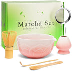 Matcha Whisk Set, Lotus Gradient Pink Ceramic Matcha Set Includes Matcha Bowl, Matcha Whisk (Chasen) and Holder, Sifter, Bamboo Scoop & Spoon - 6 Pcs Matcha Kit for Matcha Lovers