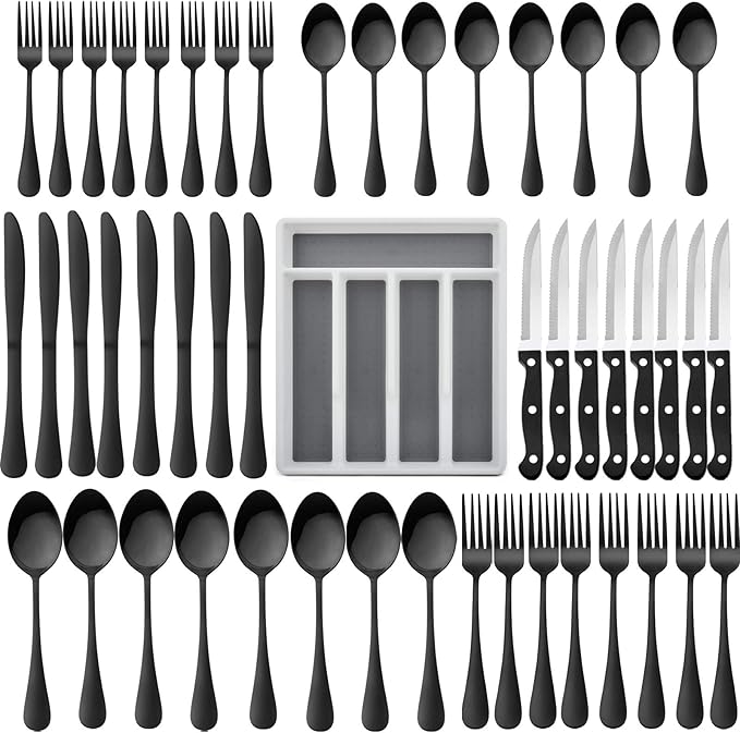 HaWare 49-Piece Black Silverware Set with Flatware Drawer Organizer, Stainless Steel Cutlery with 8 Steak Knives, Modern Eating Utensils Tableware Service for 8, Mirror Polished, Dishwasher Safe