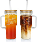 ANOTION Glass Cups with Lids and Straws - 24oz Tumbler with Handle Coffee Cups Glass Straws Glasses Mason Jar Cups Drinking Set Kitchen Essentials Coffee Bar Accessories House Warming Gifts New Home