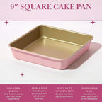 Paris Hilton Nonstick Carbon Steel Bakeware Collection, 9-Inch Square Cake Pan, Dishwasher Safe, Made without PFOA and PFAS, Pink Champagne Two-Tone