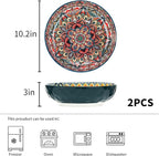 Boho Large Serving Bowls, 10.2 Inch Fruit Salad Bowls, Decorative Serving Dishes for Entertaining, 80 OZ Pasta Bowls Set of 2, Vibrant Colorful Soup Bowls for Party, Home Decor, Bohemian Style Gift