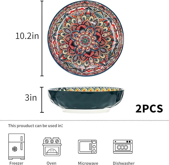 Boho Large Serving Bowls, 10.2 Inch Fruit Salad Bowls, Decorative Serving Dishes for Entertaining, 80 OZ Pasta Bowls Set of 2, Vibrant Colorful Soup Bowls for Party, Home Decor, Bohemian Style Gift