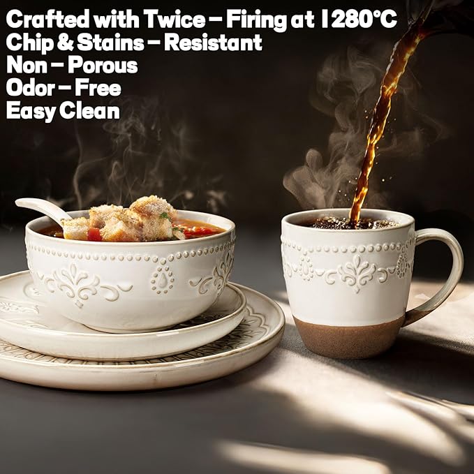 Artena Ceramic Coffee Mugs Set of 4, 16oz Embossed Large Latte Mugs Coffee Cups with Handle for Tea, Latte, Cappuccino & Cocoa, Milk Dishwasher & Microwave Safe, White (Damask Floral)