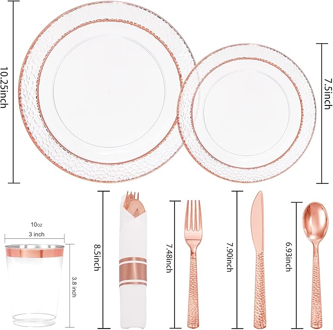 Liacere 350PCS Rose Gold Plastic Plates-Clear Rose Disposable Plates 50 Guests include 50 Dinner Plates,50 Salad Plates,50 Forks,50 Knives,50 Spoons,50 Cups,50 Napkins for Wedding & Mothers Day