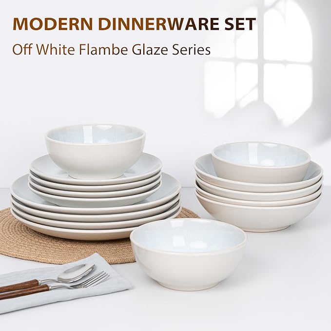 Plates and Bowls Sets for 6 - CJDC-QUELO 18-Piece Stoneware Dinnerware Sets, Ceramic Dishware Set for Kitchen Use and Formal Dining, Chip and Scratch Resistant Microwave Dishwasher Safe, Off White