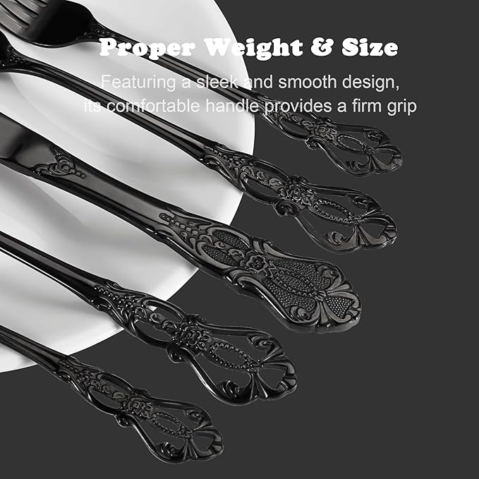 Runfly Retro Royal Black 48 Pieces Flatware Set, Gorgeous Black Silverware Set For 8, Anti-rust Stainless Steel dark Cutlery Set Utensils Including Fork Spoon and Knife
