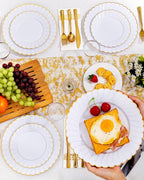 YOUBET 175PCS Gold Scalloped Plastic Plates - White and Gold Disposable Dinnerware Set Include 50 Plates, 75 Gold Silverware, 25 Cups, 25 Napkins for Party & Wedding