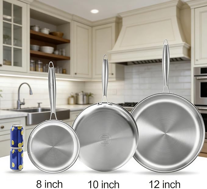 Tri-ply Stainless Steel Frying Pan Set 8" 10" 12" Large Skillet for Chef's Cookware Set, Induction Oven Dishwasher Safe, Compatible with All Cooktops with Kitchen Tongs(Detachable Handle)