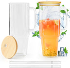 Glass Cups with Lids and Straws 40 oz Glass Tumbler with Straw and Lid 2 Pack Glass Tumbler with Handle Wide Mouth Iced Coffee Cups for Smoothies, Soda, Tea, with Bamboo Lids