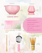 Matcha Whisk Set, 6pcs Matcha Kit Includes Matcha Bowl with Spout, Bamboo Whisk & Scoop with Cute Charm, Chasen Holder, Innovative Sifter, Tea Mat for Latte Making, Pink