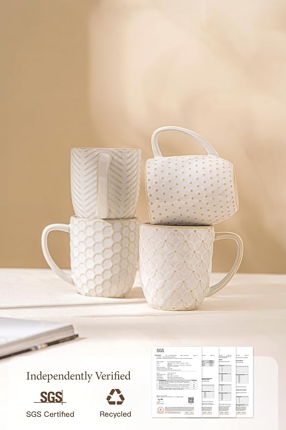 FOBENTA Ceramic Coffee Mugs Set of 4, 12oz Embossed Cups with Elegant Patterns – A Thoughtful Gift for Women, Mom, or Friends,Perfect for Tea, Latte, Cocoa (Arctic White, 12 OZ)