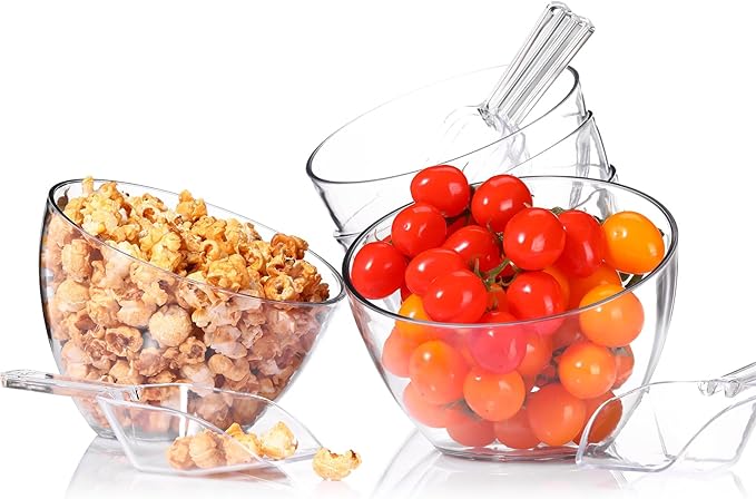 Hoolerry 12 Pcs Serving Bowls Kit Include Clear Plastic Bowls for Parties and Popcorn Measuring Scoops Acrylic Plastic Kitchen Angled Candy Scoops for Office Canister Salad Cooking (35 oz)