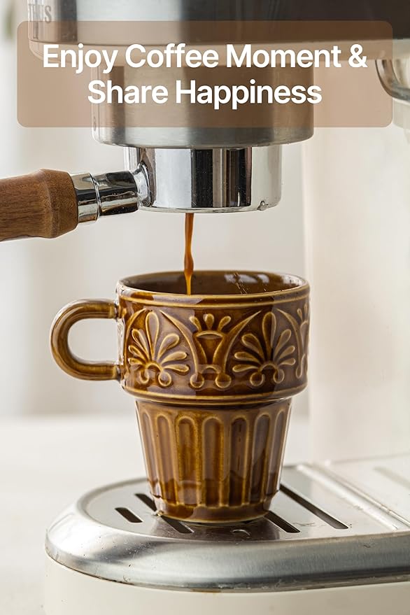 Espresso Cups Set of 6, Cappuccino Cups, Stackable Mug 6 OZ Ceramic Coffee Mug, Microwave & Dishwasher Safe, Tea Cocoa for Family Daily Use & Gathering, Great Gift for Any Special Occasion, Brown