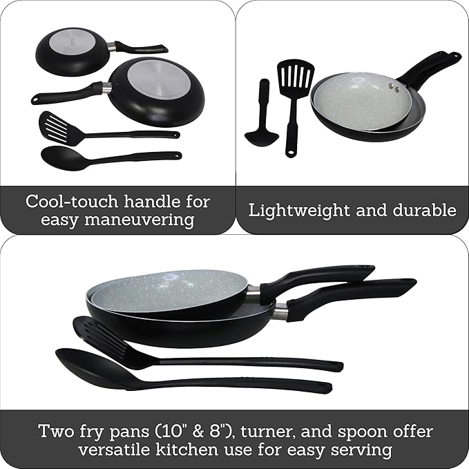 IMUSA Nonstick Ceramic Cookware Set 4-Piece 8in/10in, with Stay-Cool Handles, Aluminum, Black