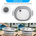 Collapsible Wash Basin, 7.5L Dish Tub Sink Basin Folding Dish Pans for Kitchen Sink, 2-in-1 Dishpan + Cutting Board, Portable Sink Dish Basin for Camping BBQ Prep Tub Washing Bin with Drain Plug + Lid