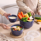 Ceramic Mixing Bowls 3-Piece: Nesting Ceramic Bowls with Lids - Microwave Safe for Kitchen Baking and Serving - Ideal for Home Bakers (Navy)