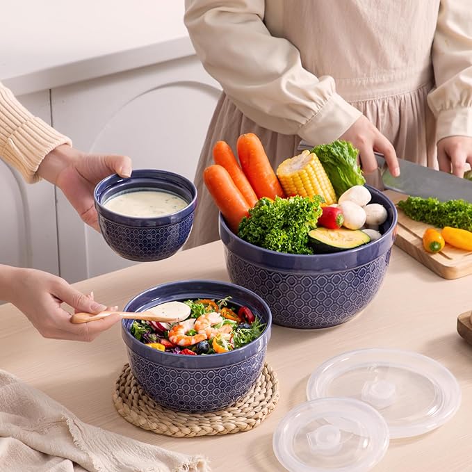 Ceramic Mixing Bowls 3-Piece: Nesting Ceramic Bowls with Lids - Microwave Safe for Kitchen Baking and Serving - Ideal for Home Bakers (Navy)