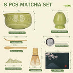 Matcha Whisk Set, Ceramic Bowl with Spout, Bamboo Matcha Whisk & Spoon, Chasen Holder, Scoop Rest, Sifter, 8-Pcs Japanese Ceremony Matcha Powder Kit–Valentine's Day Gift for Women-Matcha Green