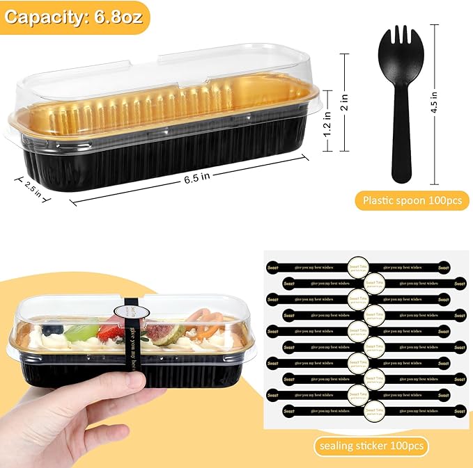 Mini Loaf Pans with Lids and Spoons (100 Pack, Mixed color, 6.8oz) Rectangular Aluminum Foil Baking Pans