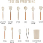 GreenLife 11 Piece Silicone Utensil Crock Set, Nonstick Kitchen Tools, Ladle, Turner, Slotted Turner, Spatula, Spoon, Spaghetti Server, Brush, Whisk, Tongs, Crock, Cream White