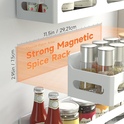 4 Pack Strong Magnetic Spice Rack for Refrigerator, Multipurpose Magnetic Shelf for Fridge with 4 Hooks for kitchen and Bathroom Organization, White