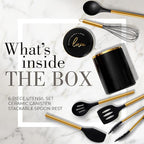 STYLED SETTINGS Black and Gold Kitchen Utensils Set – 8 Piece Silicone Cooking Utensils with Gold Handles, Black Ceramic Utensil Holder & Spoon Rest – Heat Resistant, Nonstick Safe, Sleek Storage