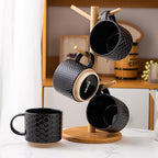 GBhome 15OZ Stackable Coffee Mugs, Ceramic Coffee Mugs with Texture Patterns for Man,Woman,Dad,Mom, Modern Coffee Cups Set of 4 for Latte/Cappuccino/Cocoa. Dishwasher&Microwave Safe，Black
