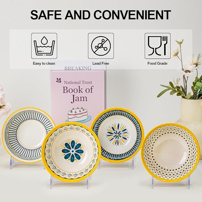 Yeacccng Bohemian Cereal Bowls Set of 4, 27 Oz Ribbed Exterior Ceramic Bowls, 6.14 Inch Lead-Free Scratch-Resistant for Soup/Cereal/Oatmeal/Pasta/Fruit, Dishwasher & Microwave Safe
