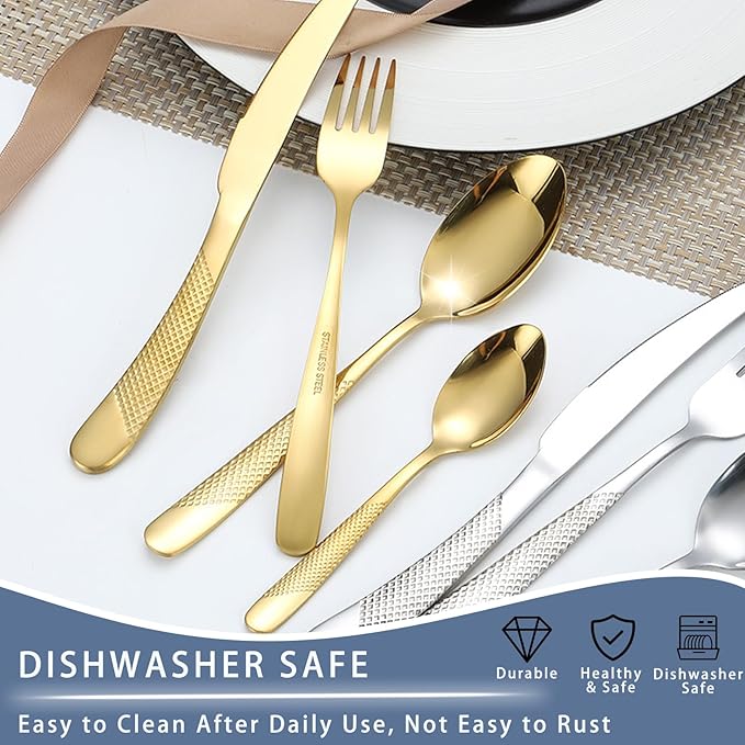 Gold Silverware Set,24 Piece Gilded Silverware Set Rack Service for 6，Mirror Polished Cutlery Utensil Set,Home Kitchen Eating Tableware Set,Include Fork Knife Spoon Holder Set,Dishwasher Safe…