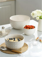 Mikiegy Ceramic Mixing Bowls Set of 4, Nesting Ceramic Embossment Stoneware Mixing Bowls for Cooking, Serving, Popcorn, Salad etc, Microwave & Dishwasher Safe, 20/44/98/145 oz, Off-White