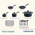 Farberware Cookstart DiamondMax Nonstick Cookware/Pots and Pans Set with Glass Lids, Dishwasher Safe, Includes Baking Pan and Kitchen Cooking Tools, 15 Piece - Black