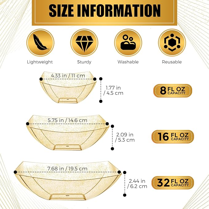 Tanlade 50 Pcs Gold Glitter Square Plastic Serving Bowls Disposable Snack Salad Bowl Small Party Candy Bar Containers Taco Bar Serving Dishes for Buffet Chips Fruit(16 oz)