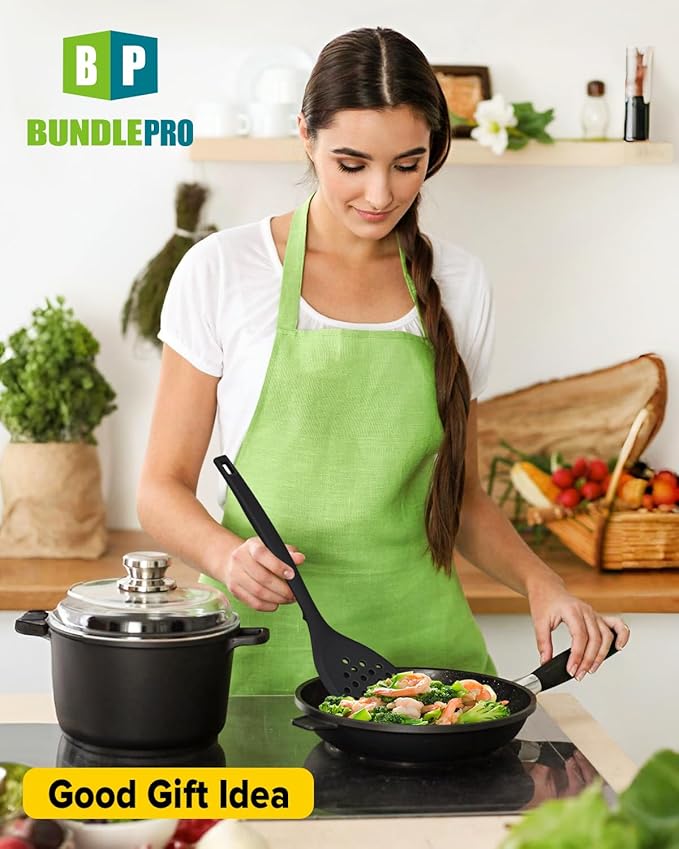 Silicone Cooking Utensils Set, 9 Pcs Heat Resistant Kitchen Utensils with Back Hooks, BPA Free Kitchen Tools with Spatulas, Spoons, Skimmer and Pasta Fork for Non Stick Cookware (BLACK)